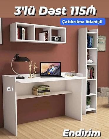ofis oturacaqları: 3’lü mebel dəsti – iş/oxu masası, divar rəfi və hündür kitab rəfi - — 1