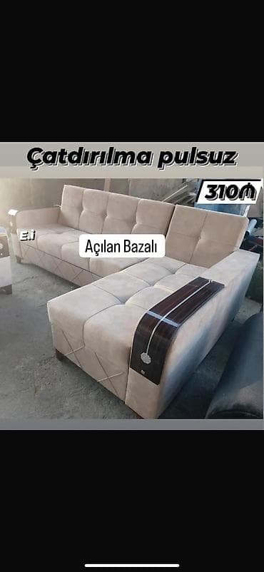 Künc divan – açılan bazalı model. Yumşaq bej rəngli parça üzlük