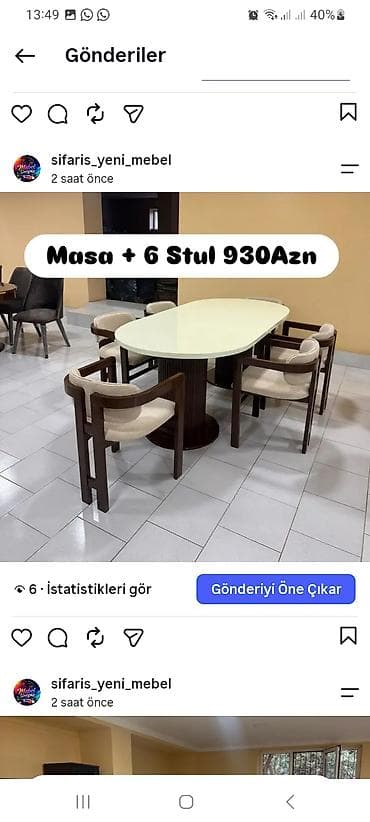 balkon stul: Mebel dəsti: Masa + 6 stul - Yumru künclü, oval formalı yemək masası — 1