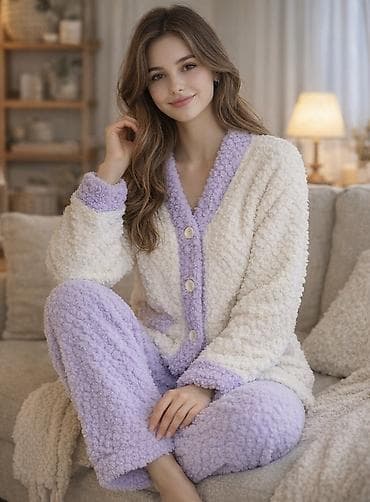 ecemide qadın geyimleri instagram: - Qadın üçün - 2 parça: jaket və şalvar - Rəng: krem-ağ və bənövşəyi — 2