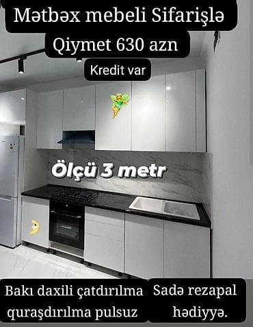 Mətbəx mebeli sifarişlə – 3 metr ölçüdə. Ağ rəngdə yuxarı-dolaplı, alt lalafo.az -da Mətbəx mebeli sifarişlə – 3 metr ölçüdə. Ağ rəngdə yuxarı-dolaplı, alt