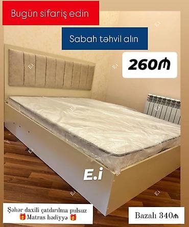 matrazlar: Yataq çarpayısı – yumşaq toxumalı başlıqla, sadə və modern dizayn — 1