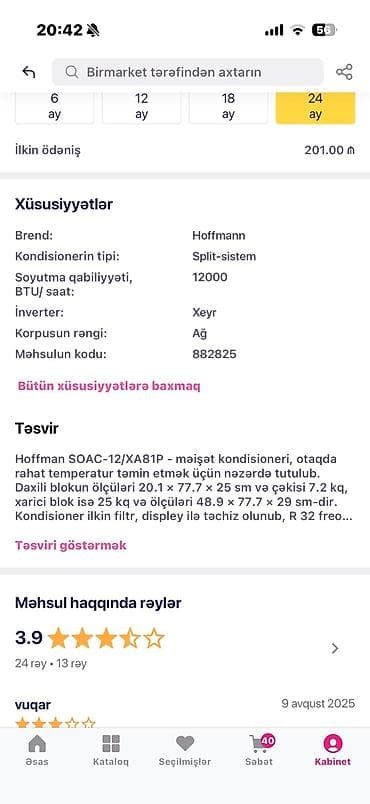 dondurucu satilir: 12000lik 35 kv Hoffman yeni kondisioner 450 Azn satılır. Karopkadadır — 5