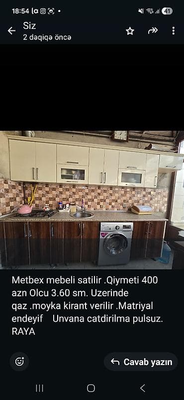 Mətbəx mebeli satılır. Ölçü: 3.60 m Qiymət: 400 AZN Üstündə qaz