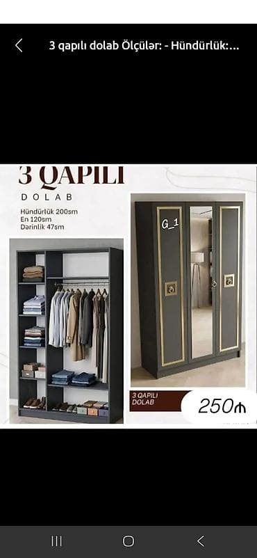 3 qapılı paltar dolabı Ölçülər: - Hündürlük: 200 sm - En: 120 sm - at lalafo.az 3 qapılı paltar dolabı Ölçülər: - Hündürlük: 200 sm - En: 120 sm -