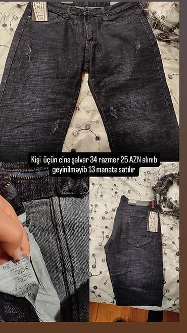 kişi botu: Kişi üçün cins şalvar baha qiymətə alınıb geyinilməyib 34 razmerdir — 1