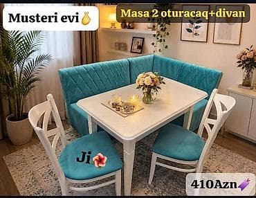 Masa + 2 stul + künc divan dəsti - Komplekt: 1 yemək masası, 2 ədəd