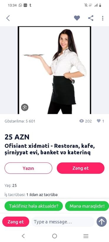 gencede vakansiyalar 2023: Ofisiant, Qadın, 33 yaş, 5 ildən artıq təcrübə — 1