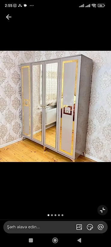 divar skafi: Yeni, 4 qapılı, Güzgülü, Ağ, Açılan, Düz dolab — 3
