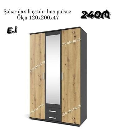 skaf: Üç qapılı paltar şkafı – güzgülü, çekmecəli model - Ölçü: 120 × 200 × — 1