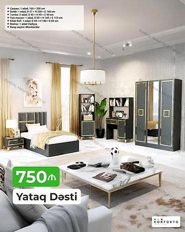dekor ref: Yataq Dəsti – 750 ₼ Tərkibi və ölçülər: - Çarpayı: 1 ədəd, 160 × 200 — 1