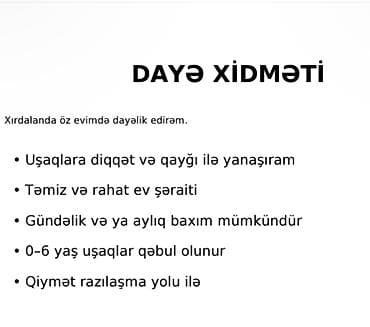 Dayə xidməti – Xırdalanda, öz evimdə - Uşaqlara diqqət və qayğı ilə lalafo.az -da Dayə xidməti – Xırdalanda, öz evimdə - Uşaqlara diqqət və qayğı ilə