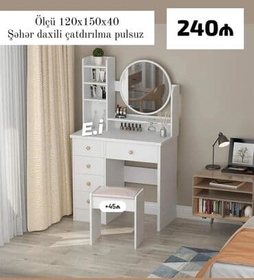 Ağ rəngli makiyaj masası və güzgü dəsti - Ölçü: 120 x 150 x 40 sm -