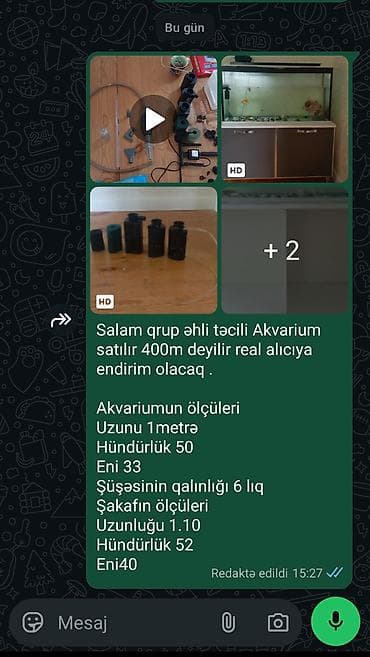 akvarium sumqayit: Akvarium və şkaf dəsti Akvarium: - Ölçülər: uzunluq 1 metr, hündürlük — 1