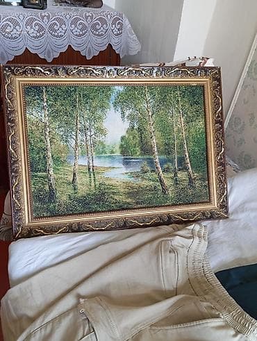 Rəsm tablosu – meşə və göl mənzərəsi - Süjet: ağcaqayın ağacları ilə