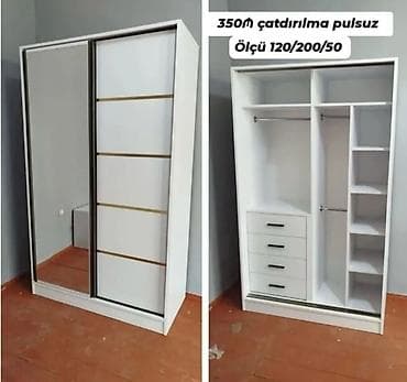 Мебель для дома: Ağ rəngdə sürgülü qapılı qarderob. Bir qapı tam boy güzgülü, digər — 1