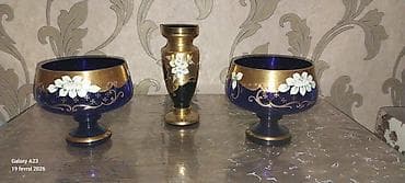 guldan satisi: Məhsul: 3 hissəli dekorativ şüşə dəsti - Tərkib: 2 ədəd geniş ayaqlı — 1