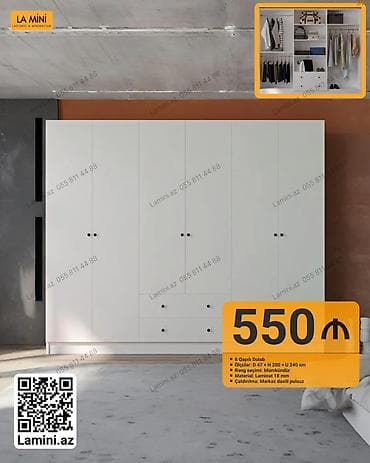 - Məhsul: 6 qapılı dolab - Ölçülər: Dərinlik 47 sm × Hündürlük 200 sm