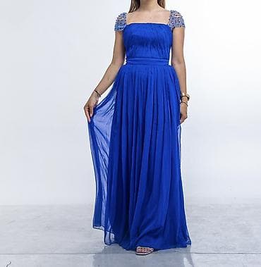 vecerni platya 2023: Mavi rəngli uzun ziyafət/abituriyent geyimi - Model: uzun, axıcı — 3