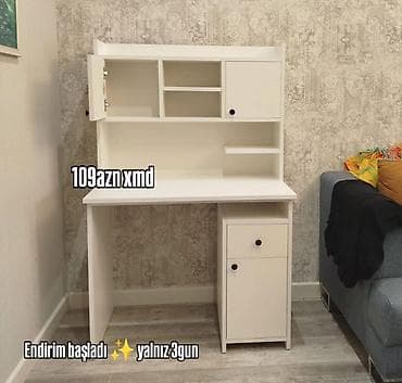 Sifarişlə ofis mebeli: Ağ rəngdə funksional yazı/kompüter masası - Yuxarı hissədə iki qapalı — 4