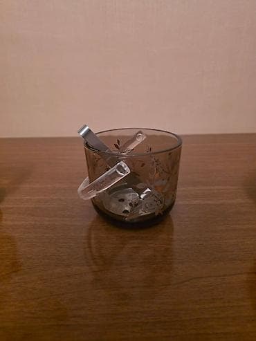 Buz üçün şüşə qab + metal maşa - Material: qalın şüşə, üstündə gül