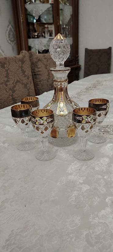divar saati: Qab-qacaq dəsti – konyak/likör üçün kristal qrafin və 5 qədəh - — 1