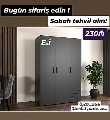 Üç qapılı qarderob şkafı – qara/mat dizayn - Ölçü: 200 x 120 x 47 sm