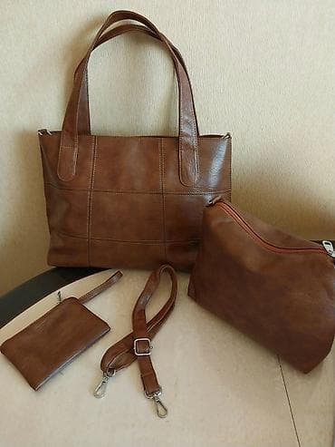 4 lü çanta: Qadınlar üçün dəbli dəri çanta dəsti - Rəng: karamell/şabalıd qəhvəyi — 1