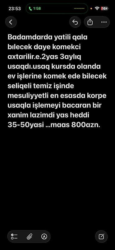 Badamdarda yatili qala bılecek daye komekci axtarilir. 2yas 3aylıq