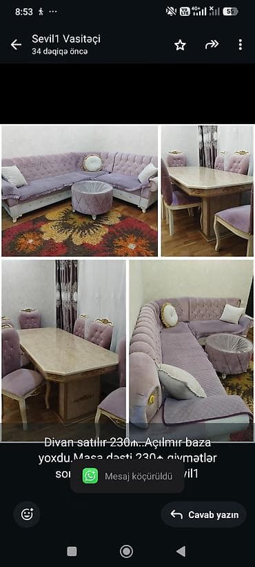 ikinci əl stollar: Divan satılır 230₼. Açılmır baza yoxdu.Masa dəsti 230₼.qiymətlər — 1