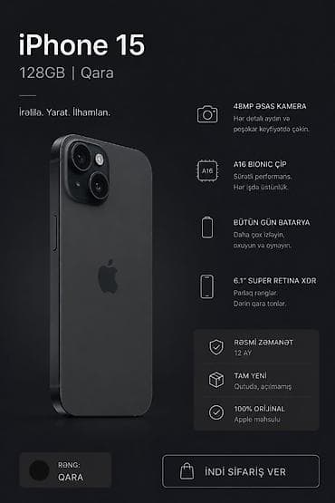 Elektronika: IPhone 15, Qara, Face ID, Simsiz şarj, Barmaq izi — 1