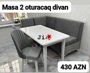 puff divan: Mətbəx/yorğun otağı üçün künc dəsti: - 1 ədəd düzbucaqlı ağ masa – — 1