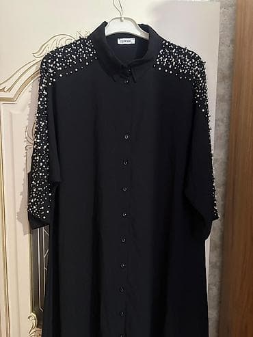 pull and bear: 1 defe istifadə edilib Qadın üçün uzun düyməli köynək/tonuik – qara — 1