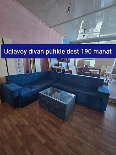 koja divanlar: Uqlavoy (künc) divan və puf dəsti - Rəng: tünd mavi - Künc forması — 1