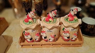 karaca qab: Çay, kofe və şəkər üçün keramika qablar dəsti - 3 ədəd etiketli qab — 1