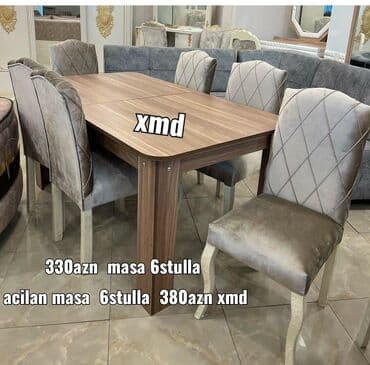 Masa və oturacaq dəstləri: Qonaq otağı üçün, Yeni, Açılan, Dördbucaq masa, 6 stul — 1