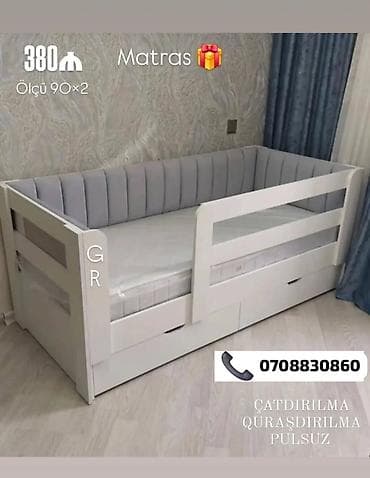 Uşaq üçün funksional tək nəfərlik çarpayı - Ölçü: 90×2 - Rəng: ağ -
