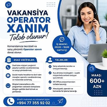 bagca isi: Çağrı mərkəzi operatoru tələb olunur, Yalnız qadınlar üçün, 1-2 illik təcrübə, Aylıq ödəniş — 1