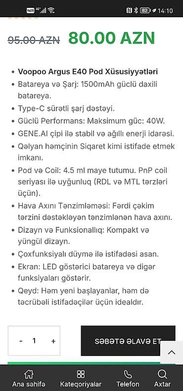 işlənmiş qəlyan: Voopoo argus e40 giymetle razilasmag olar Cox ideal vezyetdedir hec — 4