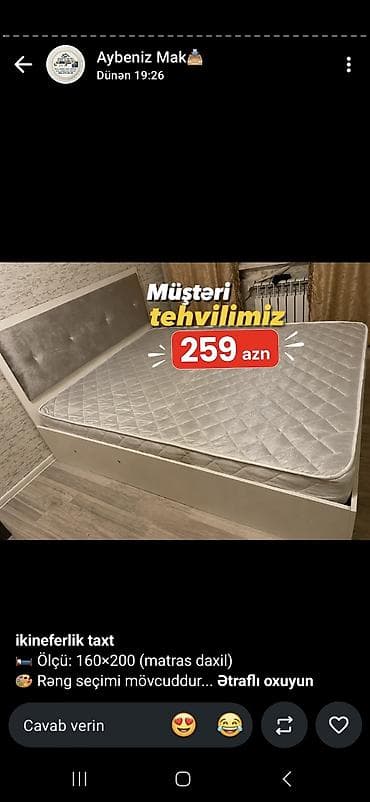 divan olcusu: İkineferlik taxt - Ölçü: 160×200 sm (matras daxildir) - Başlıq — 1