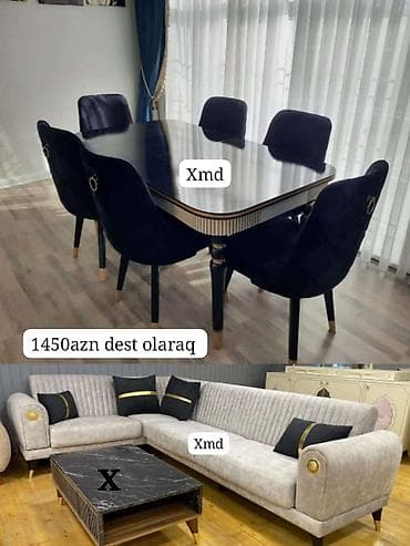 konsol masa: Mebel dəsti - Yemək masası və 6 ədəd stul: Parlaq qara səthli — 1