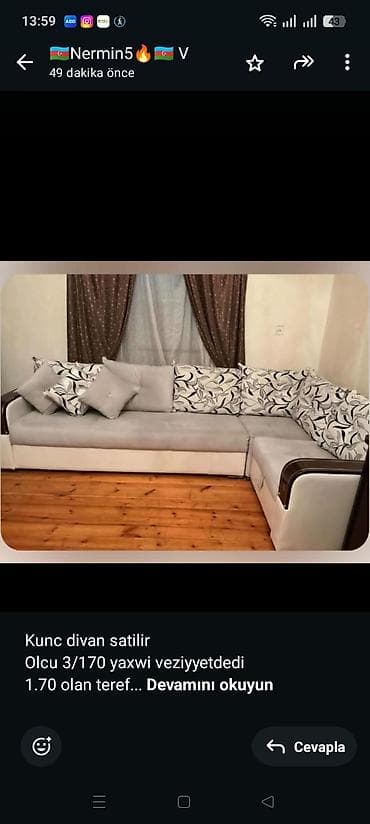 Kunc divan satilir Olcu 3/170 yaxwi veziyyetdedi 1.70 olan teref