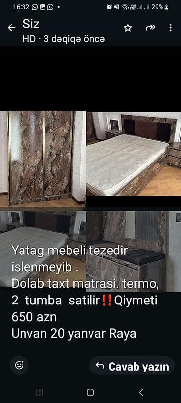 ucuz kafel satışı: Yataq mebeli dəsti Tərkib: - Şkaf (sürgülü qapılı) - Taxt - Matras - — 1