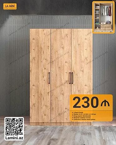 3 qapılı, Siyirməli, Qəhvəyi, Taxta, Açılan, Düz dolab
