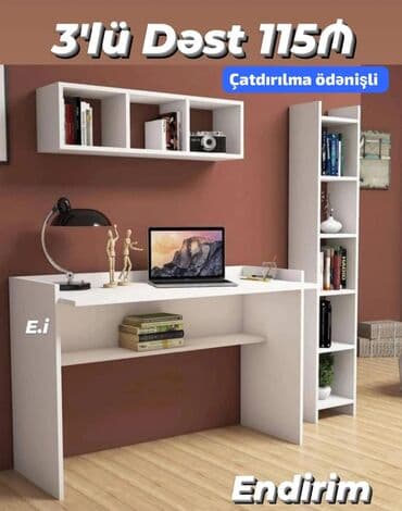 3’lü ofis/iş masası dəsti Tərkib: - Geniş iş masası: üst səth laptop