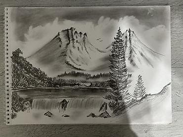 Kömür qələmlə çəkilmiş orijinal mənzərə rəsmi - Texnika: kömür qələm