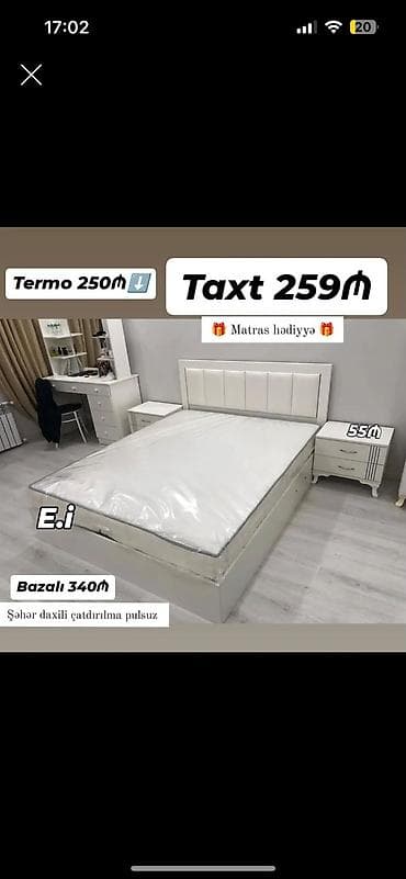 Ağ rəngli yataq dəsti: - Taxt: 259₼ - Bazalı versiya: 340₼ - Termo