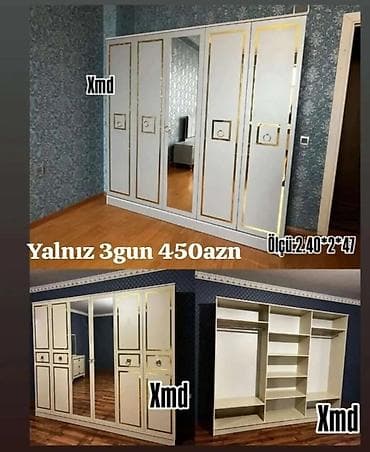 2 ci el metbext mebelleri: Yeni, 6 qapı, Güzgülü, Digər rəng, Digər material, Açılan, Düz dolab — 5