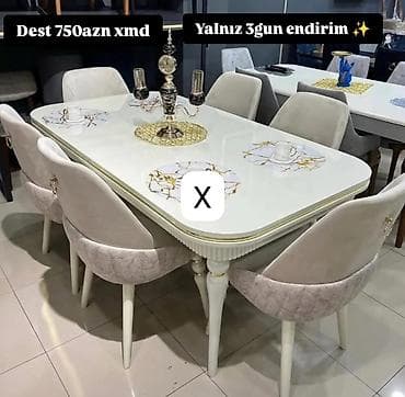 Yemək otağı dəsti - Ağ rəngli, qızılı xətlərlə vurğulanmış