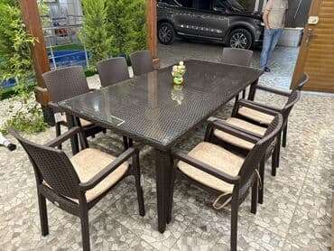 işlənmiş bağ mebeli: Прямоугольный стол, 8 стульев, Нераскладной, Со стульями, Плетеный — 3